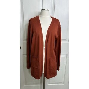 Tasamo Open Front Cardigan Women's Medium Rust Orange Fall Cabin Cottage Pockets